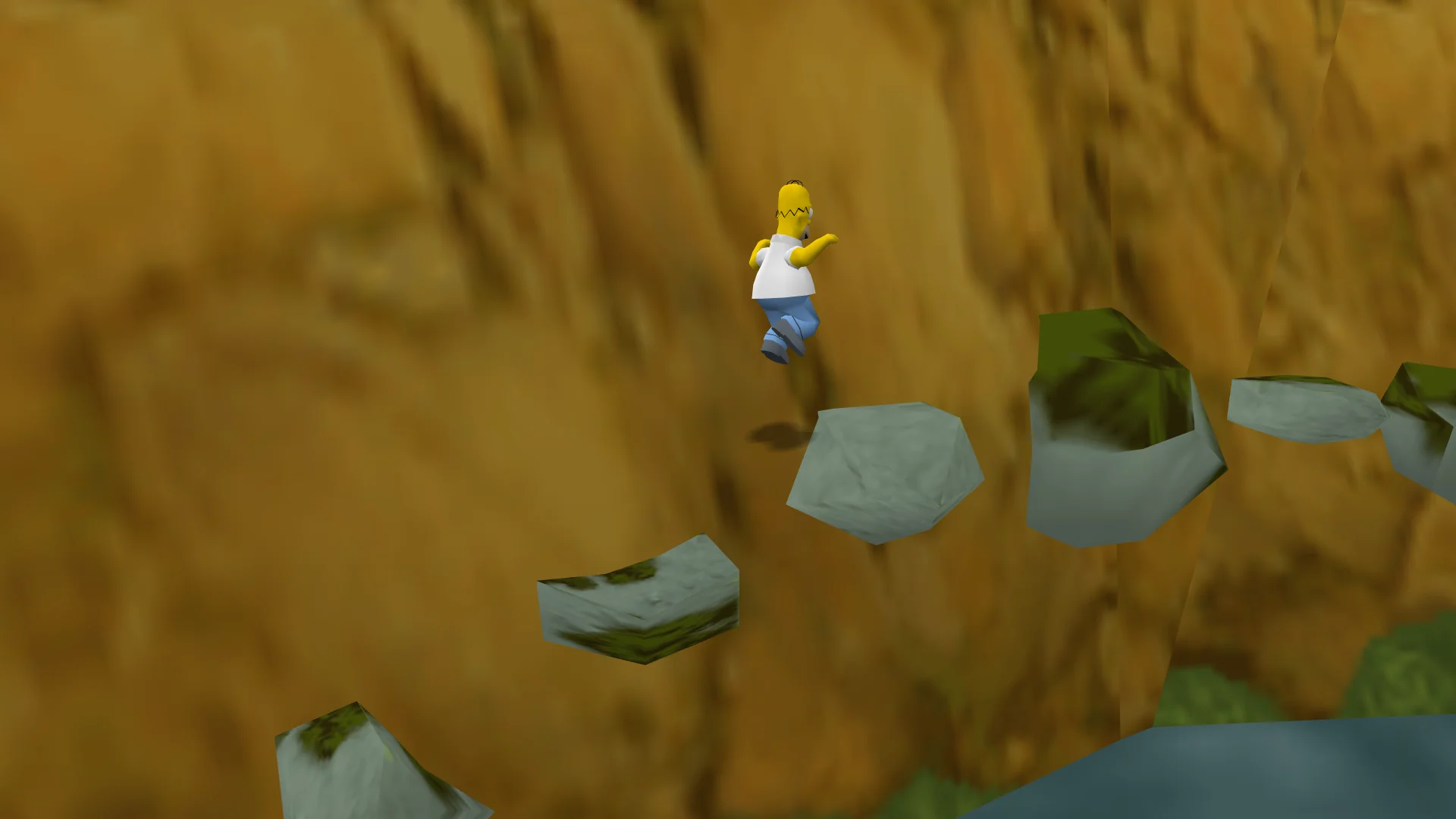Homer jumping across some rocks
