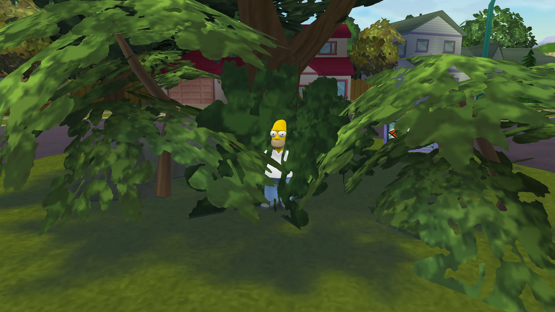 Homer hiding in a bush